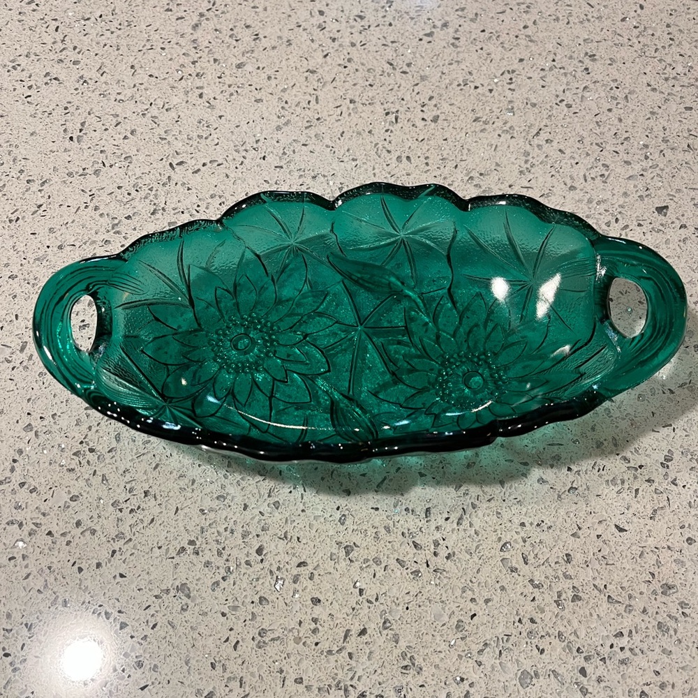 Beautiful heavier Teal Glass Decorative Tray-For Display or Treats!